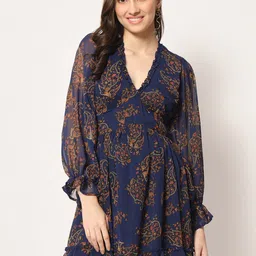 HERE&NOW Floral Printed V-Neck Fit & Flare Mini Dress-picture-13