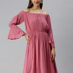 SHOWOFF Off Shoulder Polka Dots Printed A-Line Dress-image-81