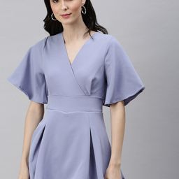 SHOWOFF V-Neck Flared Sleeves A-Line Mini Dress-image-76