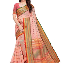 Leeza Store Peach-Coloured & Green Floral Zari Kota Saree-picture-2