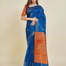 Ishin Blue Geometric Woven Design Zari Saree-image-8