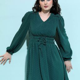 Basics By Tokyo Talkies Green Self Design Puff Sleeves Tie-Up Detail Fit & Flare Dress-image-33