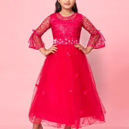 Aarika Girls Floral Embroidered Sequined Bell Sleeves Net Fit & Flare Maxi Dress-56