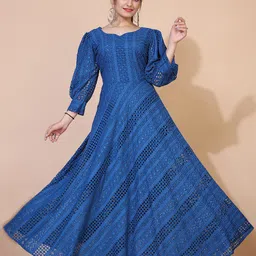 PRENEA Women Blue Bishop Sleeved Maxi Schiffli Dress-picture-17