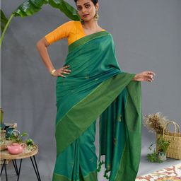 Suta Green & Gold-Toned Floral Woven Design Zari Pure Cotton Saree-image-36