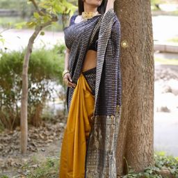 RASVRITI Ethnic Motifs Woven Design Zari Pure Silk Half and Half Kanjeevaram Saree-image-24
