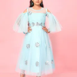 Aarika Girls Embellished Sequined Cold-Shoulder Sleeves Net Fit & Flare Midi Dress-4