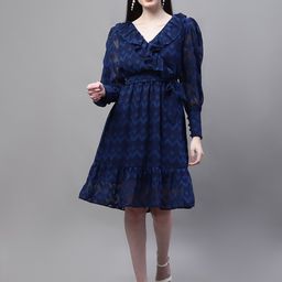 MARC LOUIS V-Neck Puff Sleeve Ruffled Jacquard Fit & Flare Dress-picture-39