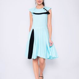 God Bless Turquoise Blue & Black Colourblocked Rayon Short Dress-image-40