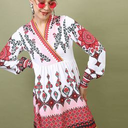 Vishudh Women White & Maroon Printed Fit And Flared Dress-image-11