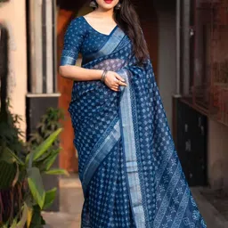 STAVA CREATION Ajrak Block Pure Linen Saree-1