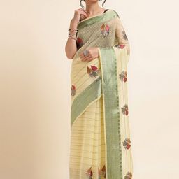 FABMORA Yellow & Green Embellished Embroidered Organza Designer Saree-image-10