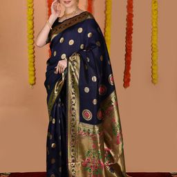 Anouk Navy Blue & Gold Toned Ethnic Motifs Woven Design Zari Paithani Saree-image-55