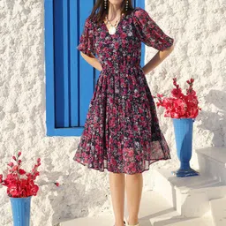 Sera Floral Printed Pleated Fit & Flare Dress-image-34