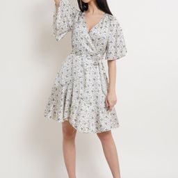 DODO & MOA Women White & blue blush Floral Printed Satin Wrap Dress-image-3