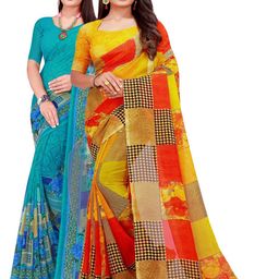 KALINI Turquoise Blue & Yellow Set of 2 Floral Printed Georgette Saree-picture-14