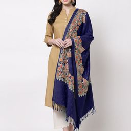 KLOTTHE Women Blue & Orange Embroidered Wool Stole-image-14