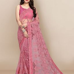 VAIRAGEE Pink Floral Embroidered Net Saree-picture-14