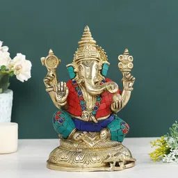 CraftVatika Golden & Red Textured Ganesh Statue Idol Showpiece-image-2
