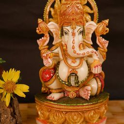 CraftVatika Cream Coloured & Gold Toned Ganesha Marble Idol Showpiece-1