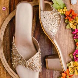 NR By Nidhi Rathi Gold-Toned Embellished Leather Ethnic Block Sandals-19