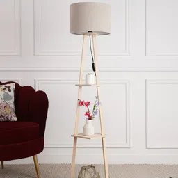 SANDED EDGE Beige Wooden Floor Lamp With Shade & Shelves-43