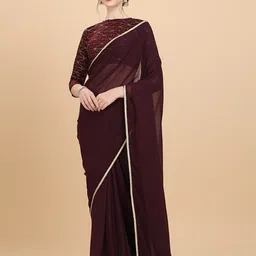 Inddus Women Wine Embroidered Georgette Saree with Net Blouse Piece-picture-4