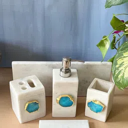 HOMEARTE White & Turquoise Blue 5 Pieces Stoneware Bath Accessories Set-49