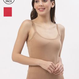 Floret Women Set of 2 Nude & Red Solid Camisoles-82
