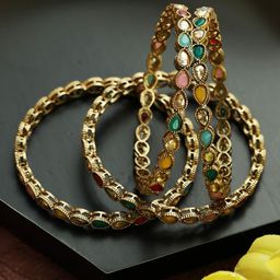 Priyaasi Set Of 4 Gold-Plated Green & Pink Stone-Studded Bangles-image-78