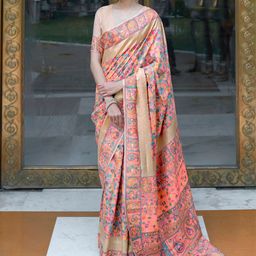 Mitera Peach-Coloured & Blue Woven Design Silk Blend Banarasi Saree-58