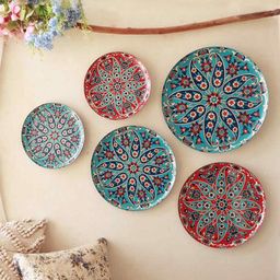 Ritualistic Red & Blue 5 Pieces Turkish Art Painted Wall Decor Plates-image-11