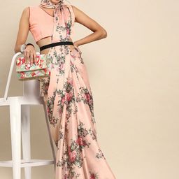 Sangria Beige & Green Floral Satin Saree-image-33