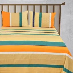 Aura Daffodil Yellow & Green Striped Cotton 400 TC King Bedsheet Set 2.30 m x 2.55 m-image-76