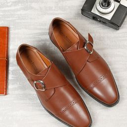 LOUIS STITCH Men Perforated Premium Leather Formal Monk Shoes-image-123
