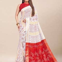 Saree mall White & Red Bandhani Printed Zari Pure Cotton Bandhani Sarees-image-119