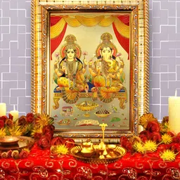 Hawai Gold Toned & Red Wooden Rectangular Ganesh Laxmi Gold Plated Photo Frame-9
