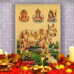 Hawai Gold Plated Kamdhenu Cow with Calf Gods Religious Wall Photo Frames-picture-33