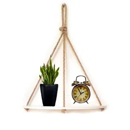 VAH Kya Bat Hai !! White & Beige Wooden & Rope 1 Layer Hanging Wall Shelves-28
