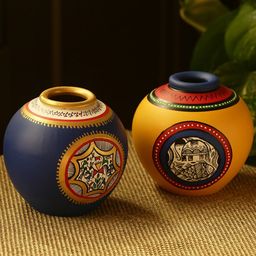 ExclusiveLane Navy Blue & Mustard Yellow Printed Terracotta Vases-image-54