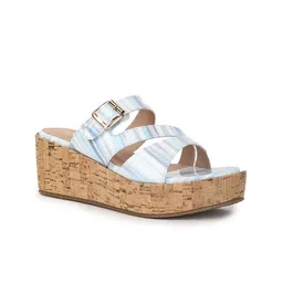 VALIOSAA Blue Striped Flatform Sandals with Buckles 2 Inch Heels-51