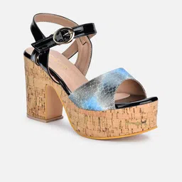 VALIOSAA Black Printed Platform Sandals with Buckles-1