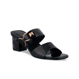London Rag Women Black Embellished PU Hookup Geometric Cut Block Heel Slides Mules-31