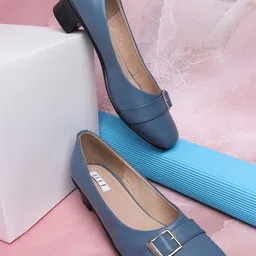ELLE Blue Block Pumps with Buckles-16