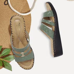 TRASE Women Green Open Toe Flats with Buckles-image-13