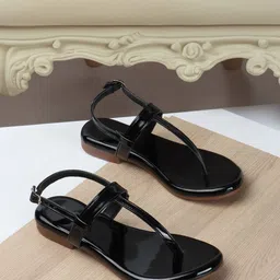 DressBerry Black Open Toe T-Strap Flats-image-60