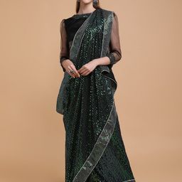 Sangria Women Black & Green Sequinned Georgette Sarees-picture-0