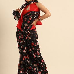 Sangria Black & Red Floral Pure Georgette Saree-image-17