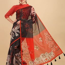 Sangria Women Black and Red Printed Organza Designer Saree-image-40