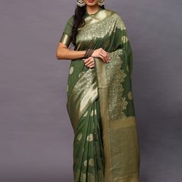 Mitera Olive Green & Golden Ethnic Motifs Zari Silk Blend Banarasi Saree-image-95